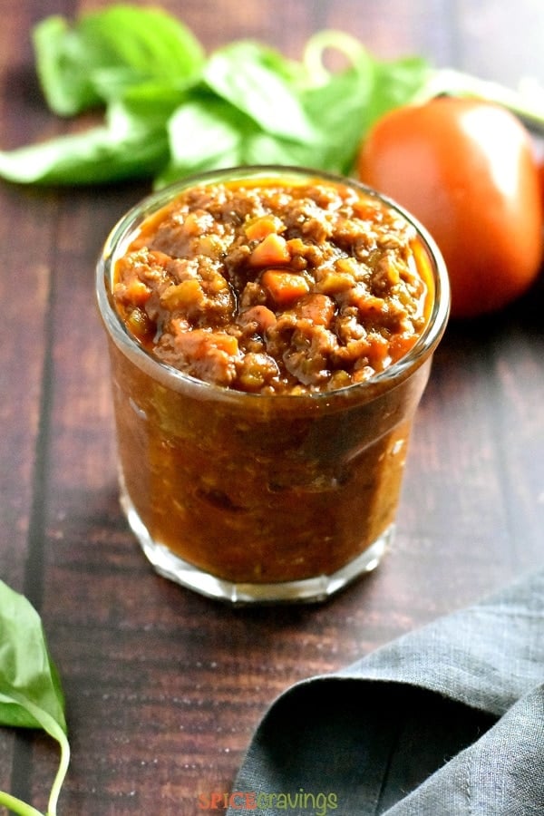 Bolognese sauce stored in a jar, ready for freezing