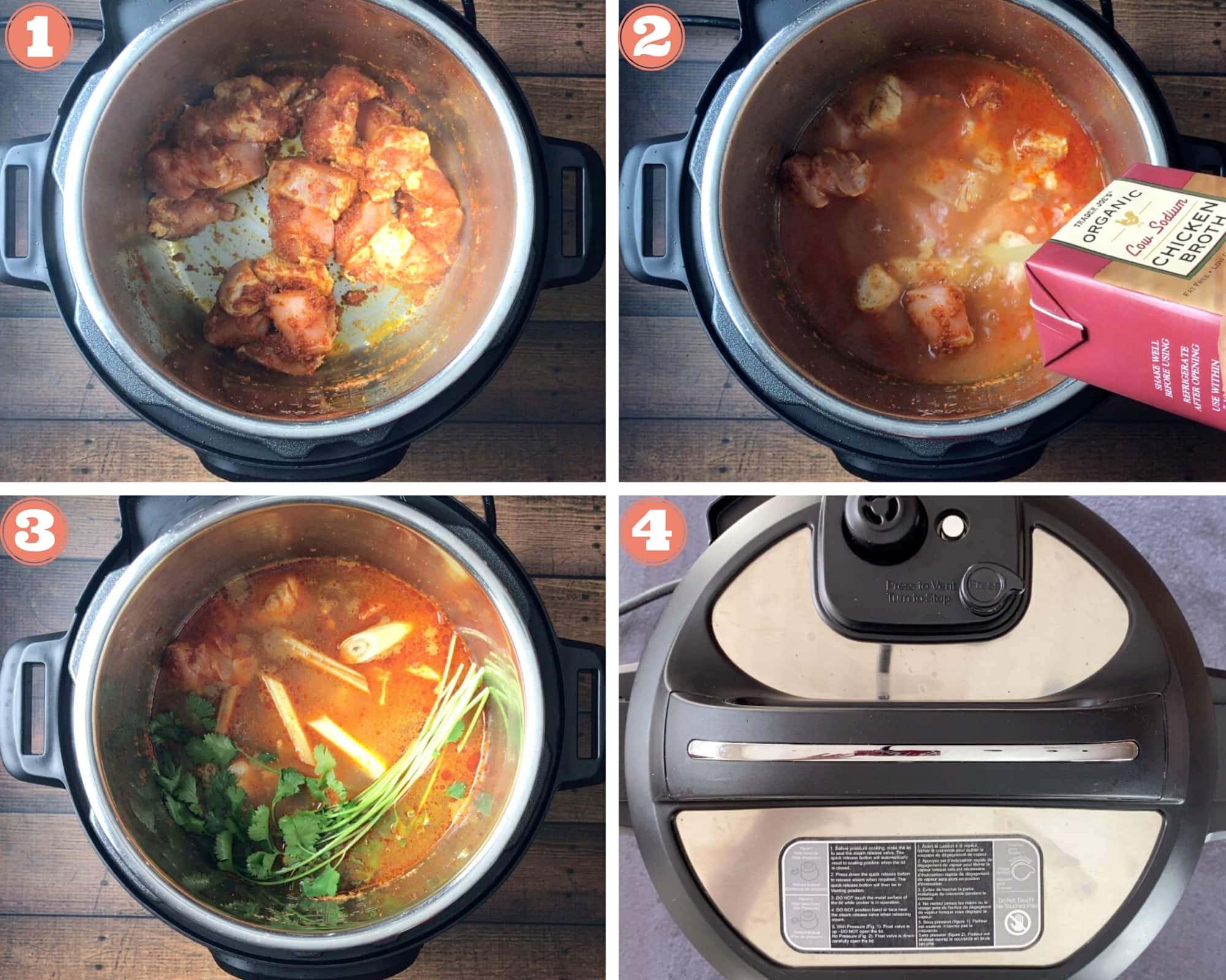 Sauteing chicken in thai curry paste, adding broth to the Instant Pot