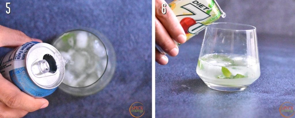 pouring club soda and diet 7up in cocktail glass for low carb mojito