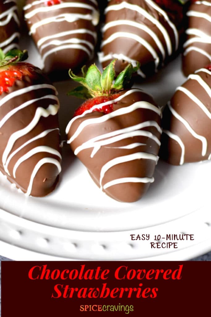 chocolate covered strawberry recipe on white plate with text overlay