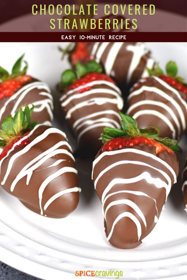 chocolate covered strawberry recipe on white plate with text overlay