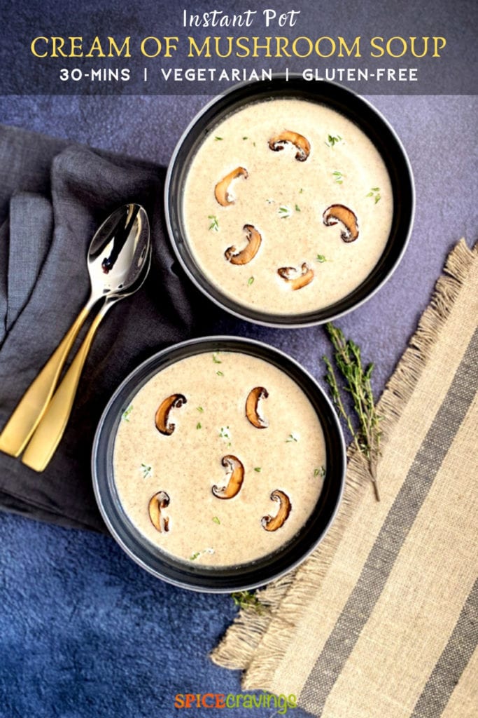 Two bowls with cream of mushroom soup with thyme