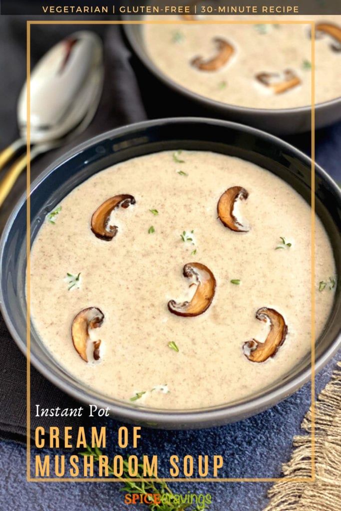 A bowl of creamy mushroom soup garnished with thyme
