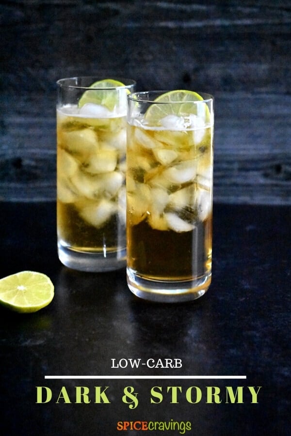 Two glasses of low carb dark and stormy cocktail