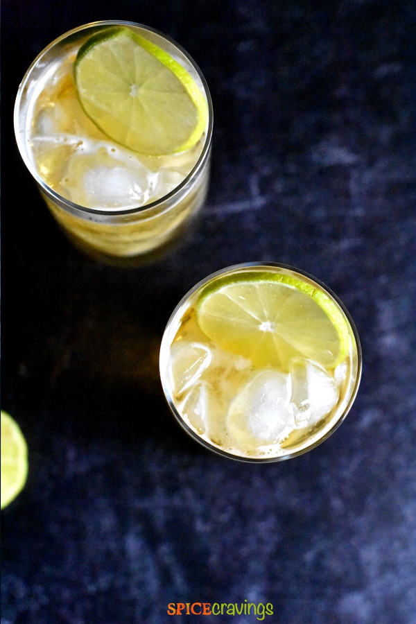 Top shot of two glassed of low carb dark and stormy cocktail