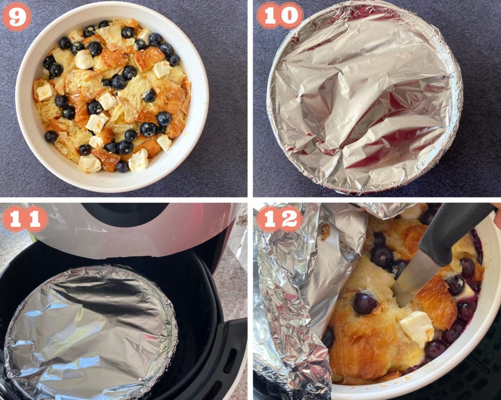 Pictures showing how to bake blueberry bread pudding in an air fryer