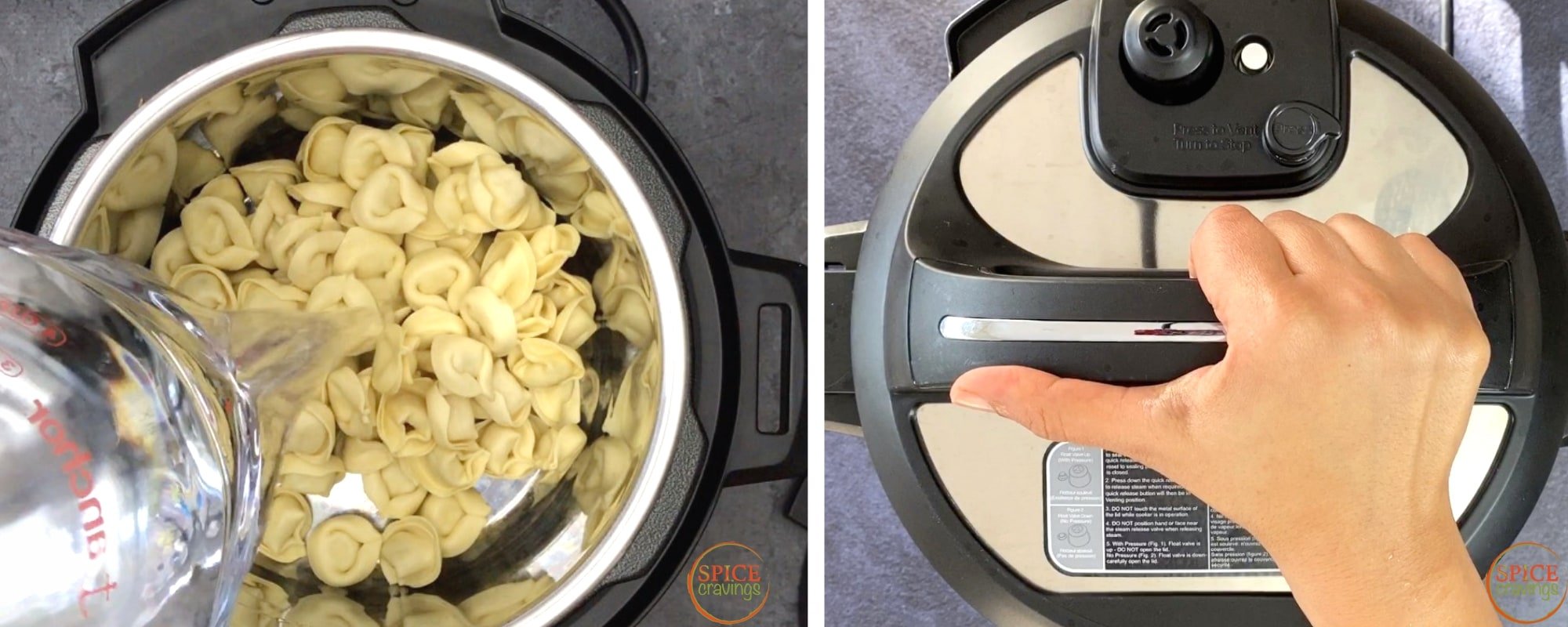 water pouring into instant pot bowl with tortellini, hand sealing instant pot