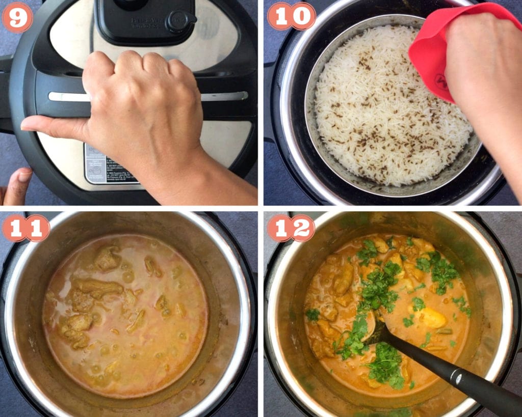 hand sealing Instant Pot, cooked cumin rice in glass bowl, Instant Pot chicken korma, korma garnished with cilantro with black spoon