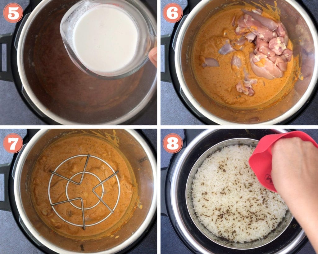 coconut milk in measuring cup, chicken korma in Instant Pot, trivet in Instant Pot, cumin rice in glass bowl