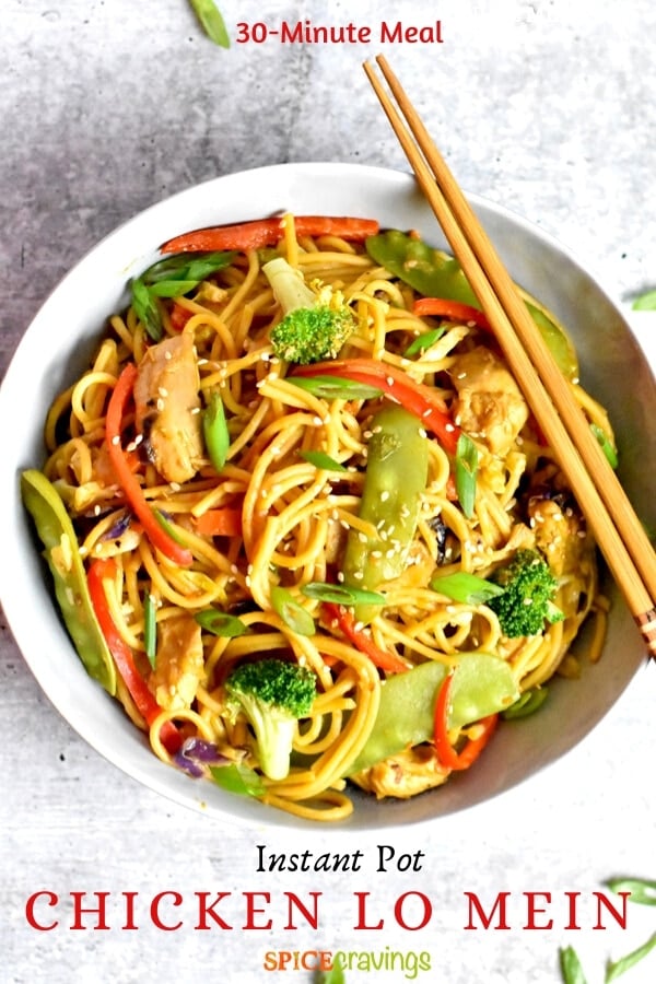 A bowl of Chicken Lo Mein served with a set of chopsticks