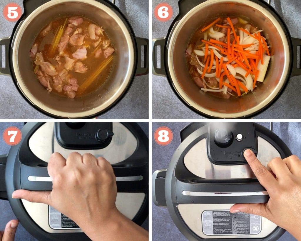 Photos showing how to make Chicken Lo Mein in Instant Pot, steps 5-8