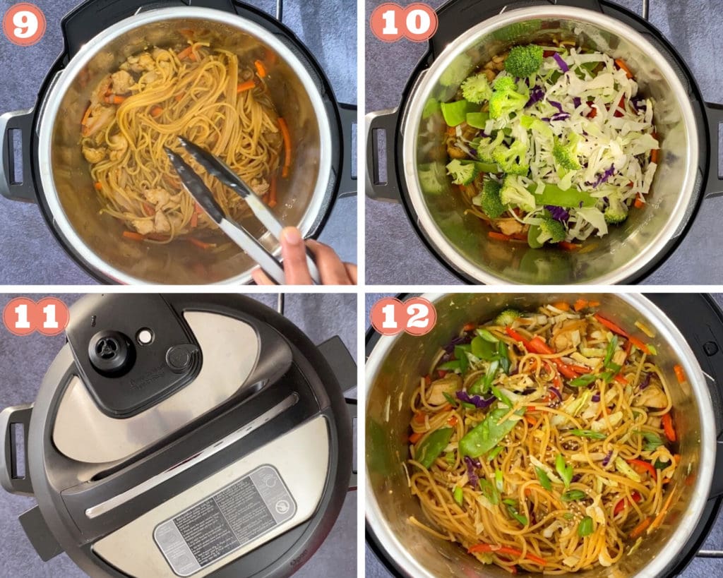 Photos showing how to make Chicken Lo Mein in Instant Pot, steps 9-12