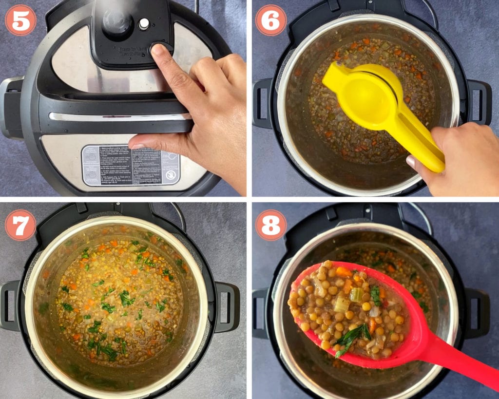 hand sealing instant pot, lemon juicer being squeezed over lentil soup, lentil soup in instant pot, lentil soup in red spoon