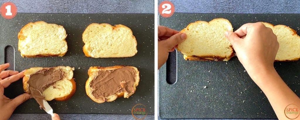 slathering Nutella on Challah slices and making French toast sandwiches