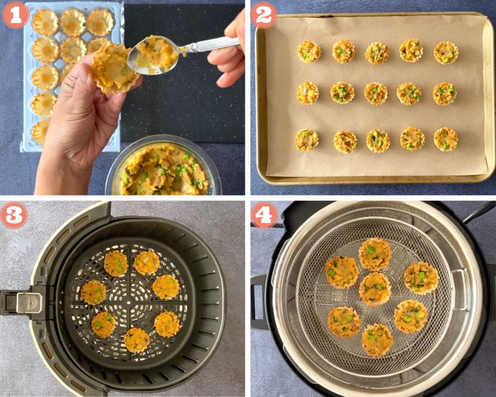 two hands filling phyllo cups with potato filling, samosa chaat phyllo cups on baking sheet, in airfryer and in instant pot