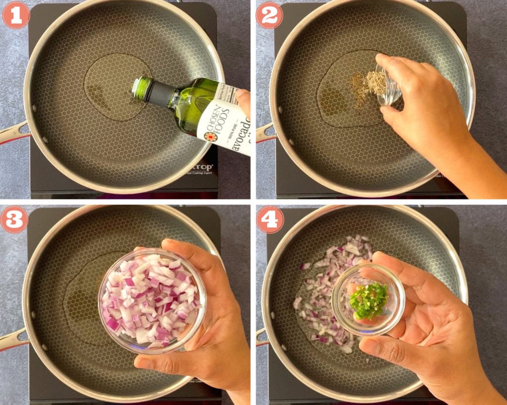 olive oil pouring in skillet, hand adding cumin seeds to skillet, hand holding bowl with red onions, hand holding chopped jalapeno in bowl