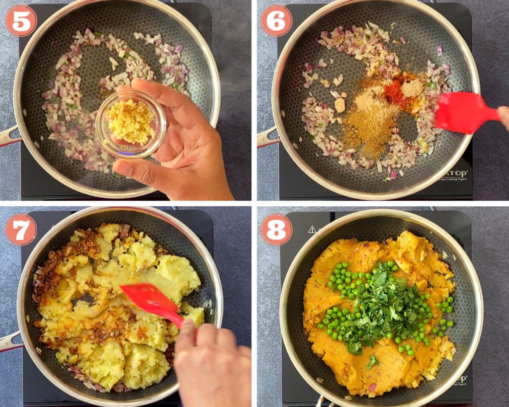 hand holding glass bowl with spices over skillet, mixing spices into skillet with red spatula, mixing potatoes into skillet with red spatula, cilantro and potatoes in skillet