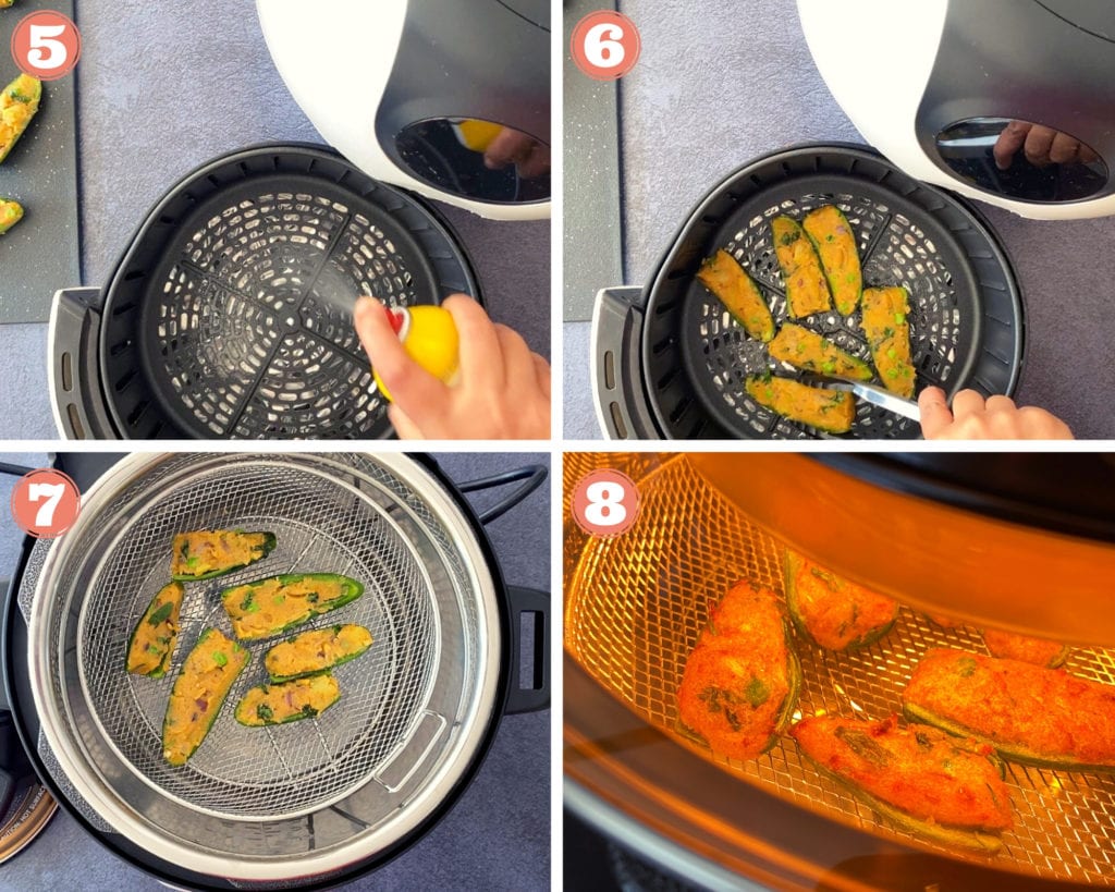 hand spraying airfryer with cooking spray, tongs placing stuffed jalapeno peppers in airfryer, stuffed jalapeno poppers in crisplid, stuffed jalapenos baking in oven