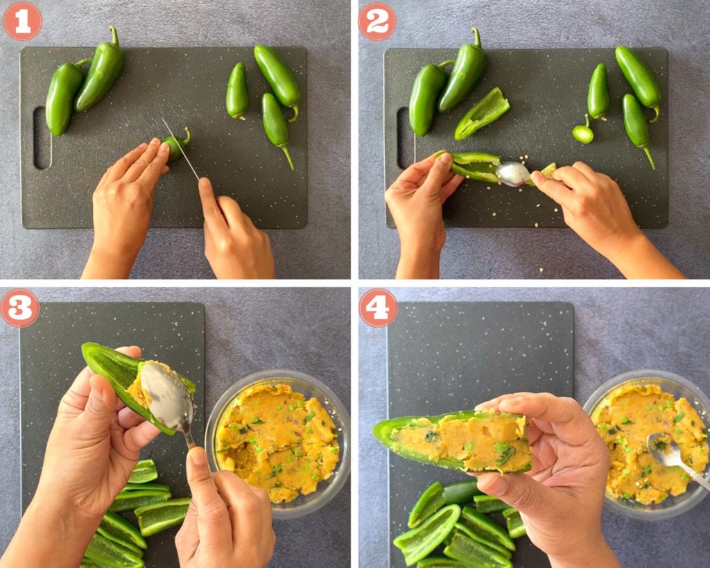 hand slicing top off jalapeno, two hands scraping seeds from jalapeno, hands filling jalapeno pepper with samosa filling, hand holding samosa stuffed jalapeno pepper