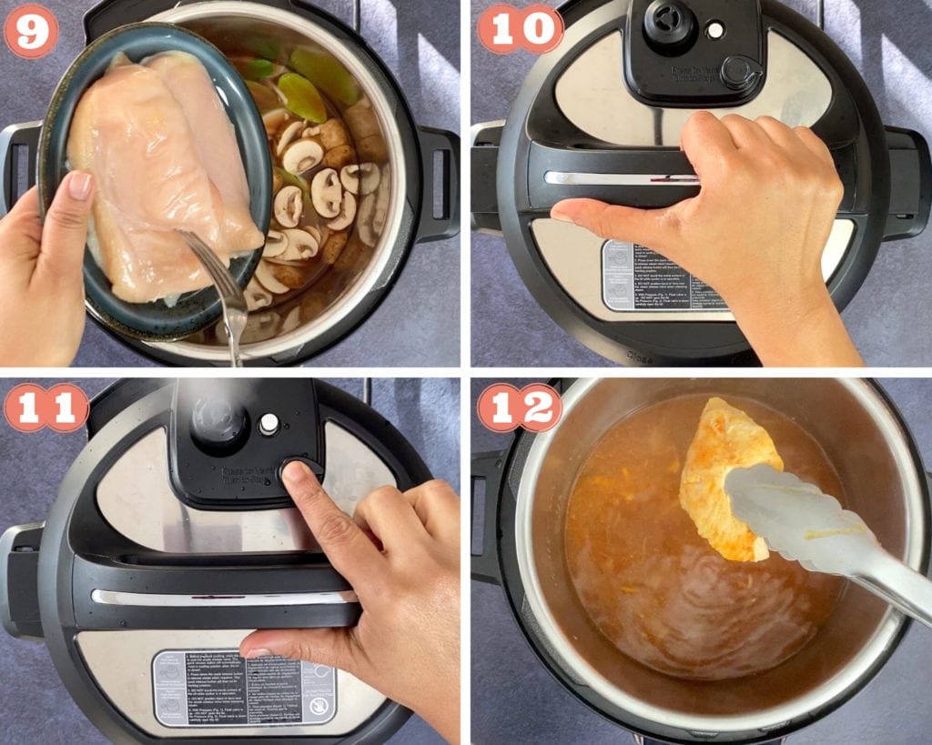 Recipe steps showing adding chicken and pressure cooking in Instant Pot