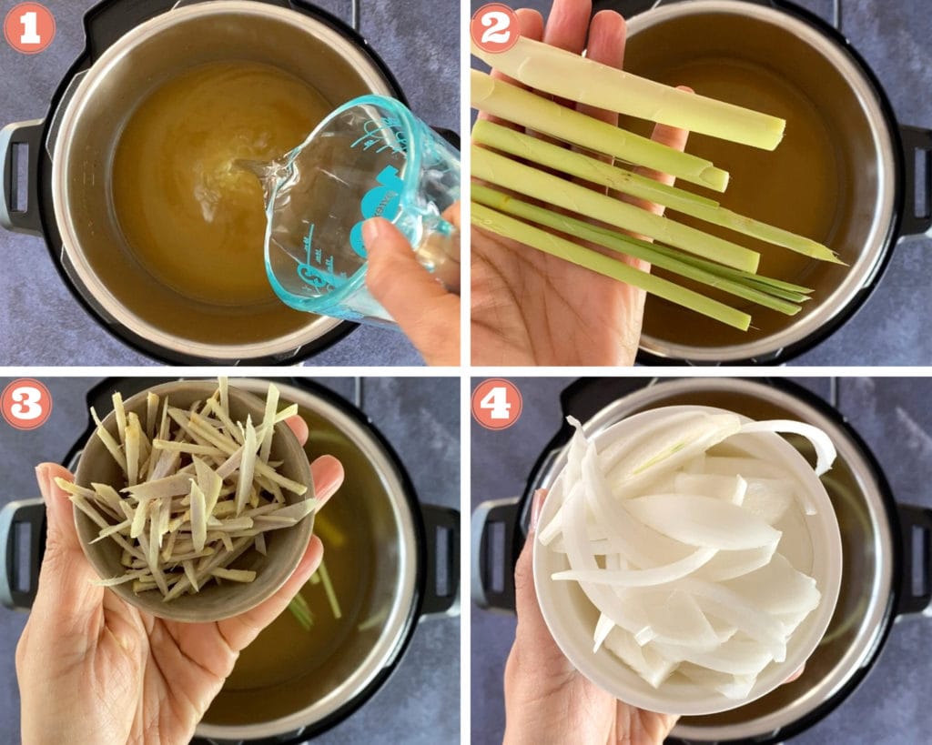Recipe steps showing adding aromatics to broth in Instant Pot