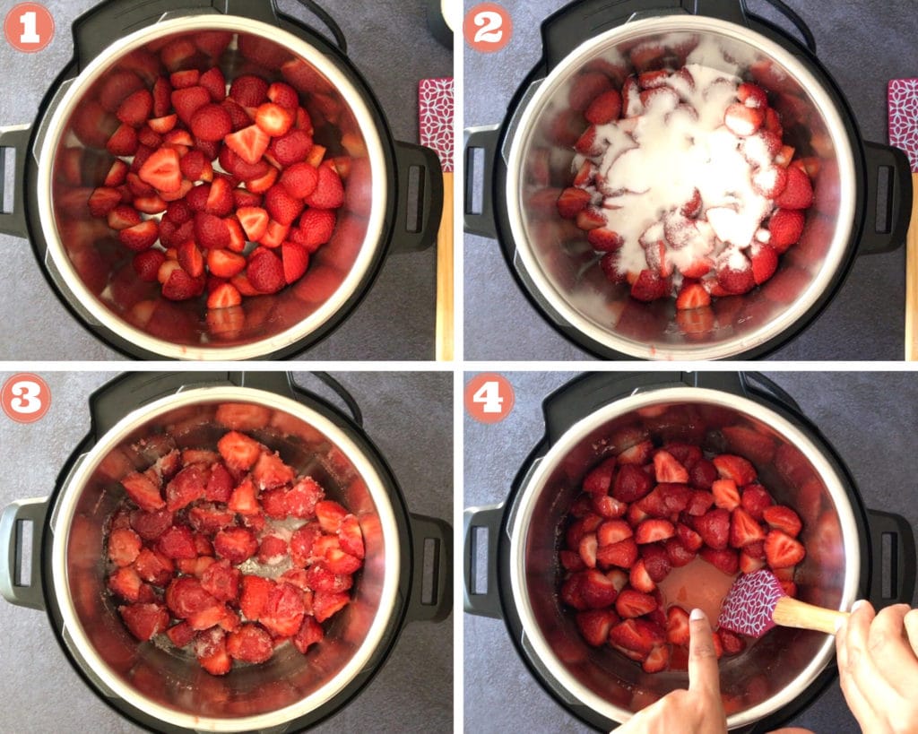 cut strawberries in instant pot, strawberries and sugar in instant pot, macerated strawberries, lemon juice and macerated strawberries in instant pot
