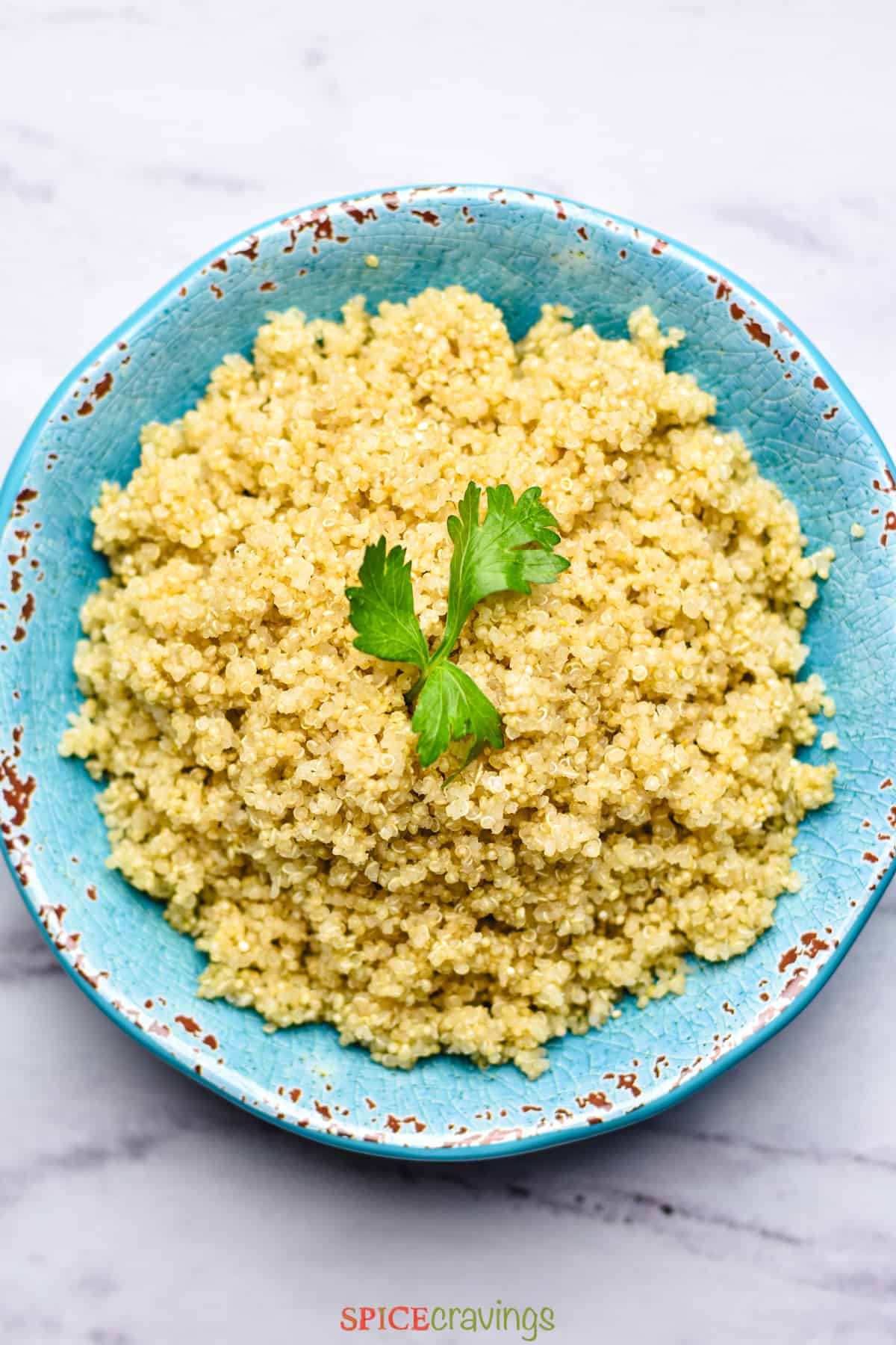 best instant pot quinoa in a blue bowl garnished with cilantro