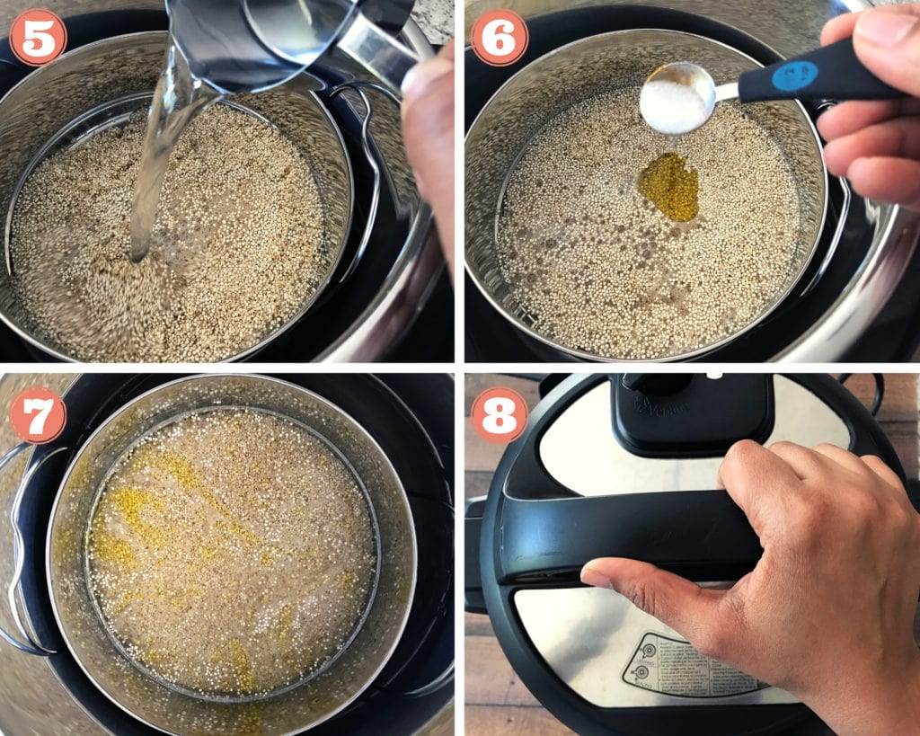 pouring water over quinoa in instant pot, adding salt to quinoa in instant pot, quinoa covered with water in instant pot, hand sealing instant pot