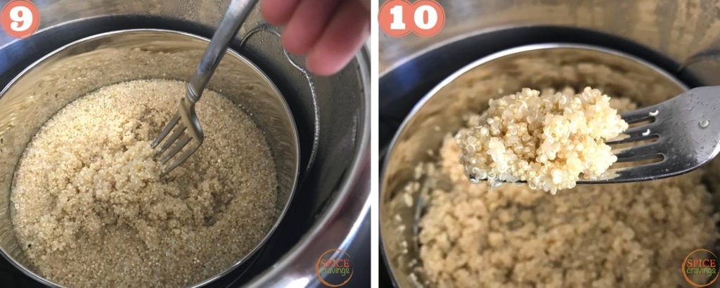 fork fluffing quinoa in instant pot, forkful of quinoa from the instant pot