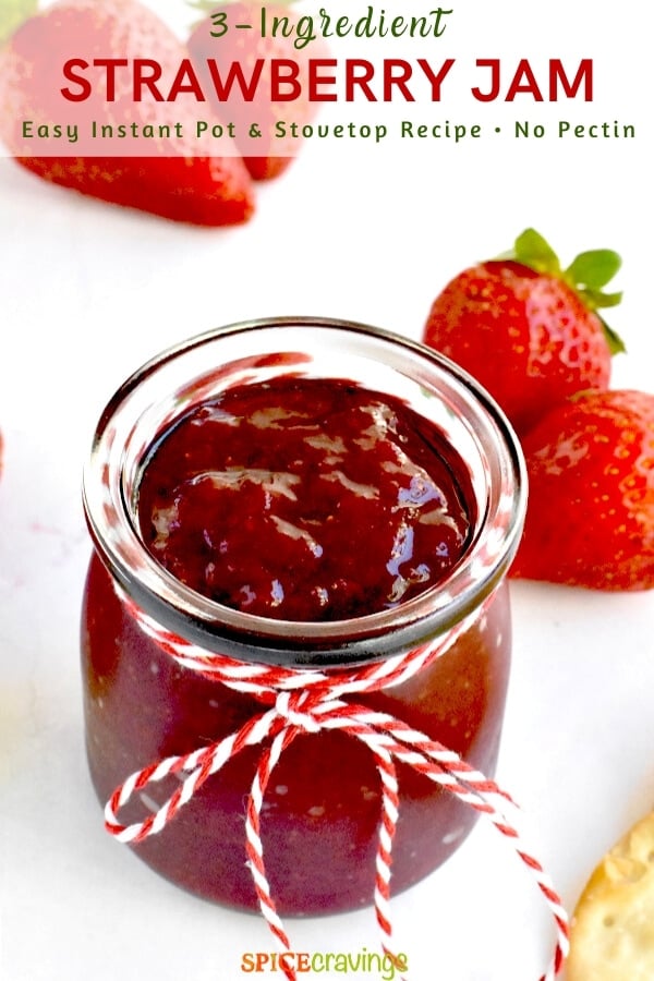 strawberry jam without pectin in glass jar with fresh strawberries