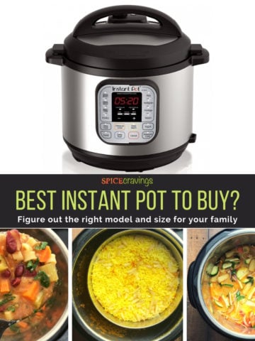 Image of instant pot with three images at bottom of soup, rice and curry