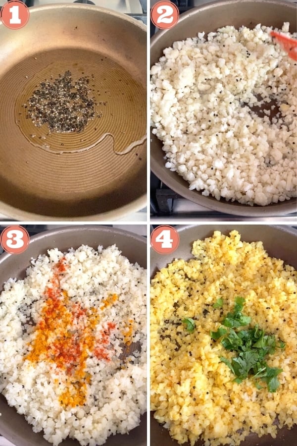mustard seeds in skillet, sauteing cauliflower rice, spices in cauliflower rice, prepared cauliflower rice