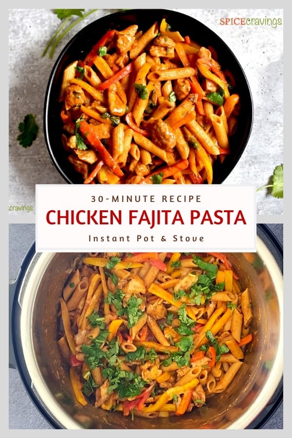easy chicken pasta recipe in black bowl and Instant Pot