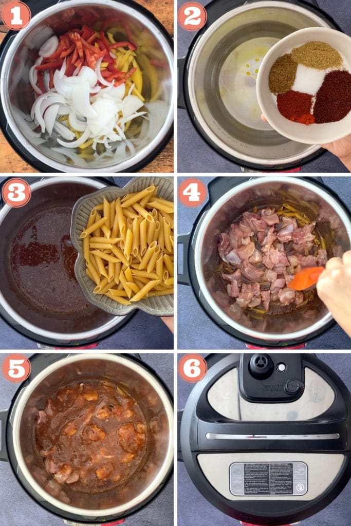 peppers and onions in instant pot, small bowl of spices, pouring pasta in instant pot, adding chicken and salsa, instant pot lid