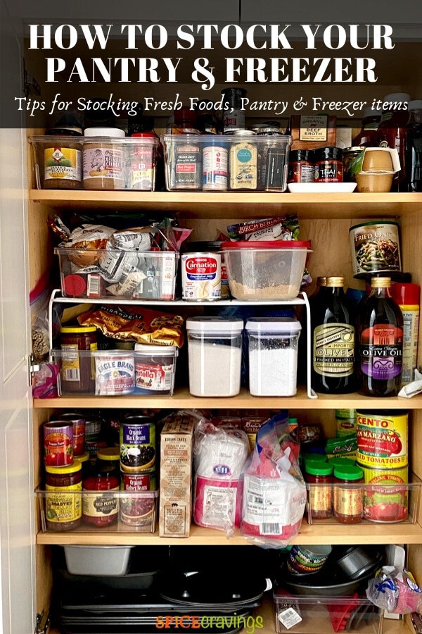 Oil, sugar, flour, beans, tomatoes, applesauce stored in a pantry