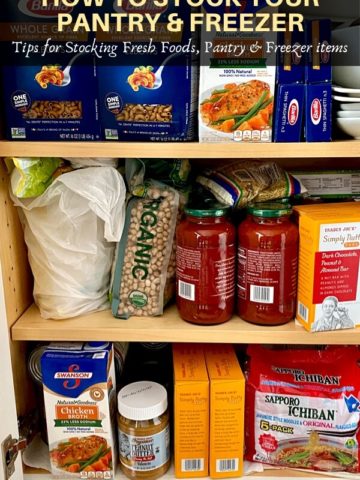 Pasta, brith, noodles, chickpeas, sauce and peanut butter in a pantry