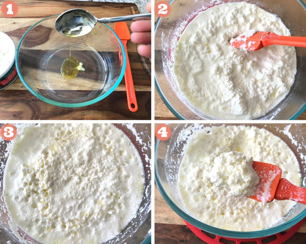 spoon pouring ghee into glass bowl, red spatula stirring ricotta in glass bowl, ricotta turning into khoya, red spatula spooning microwave cooked ricotta