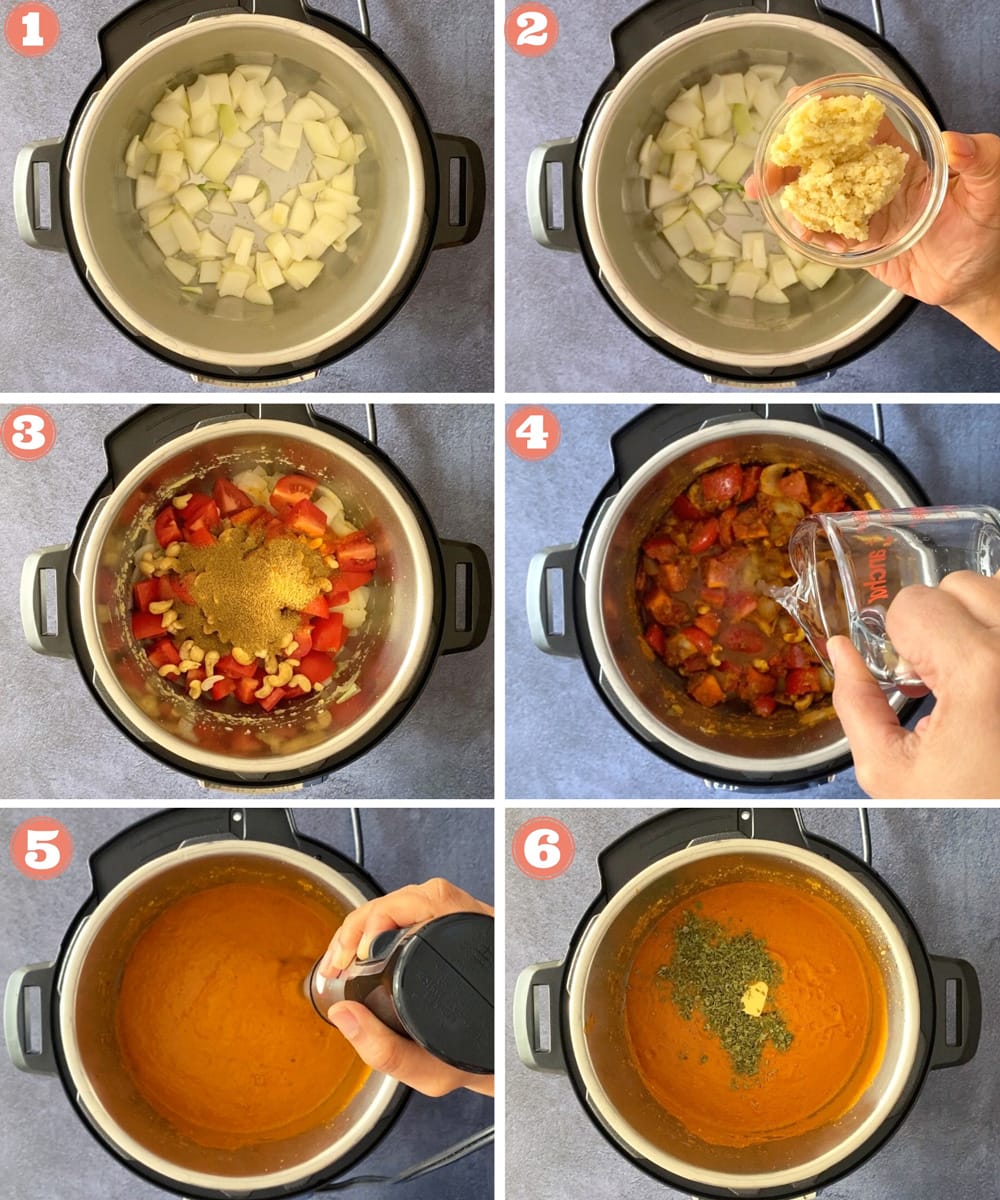 Six-step grid showing how to saute, simmer and puree tikka masala sauce