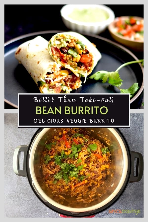 bean burrito on black plate and rice and bean filling in instant pot
