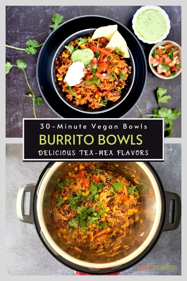 rice and black bean burrito bowl and burrito filling in instant pot