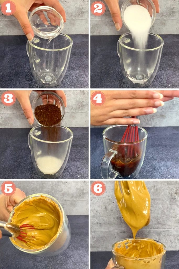 pouring hot water in glass, pouring sugar in glass, pouring instant coffee in glass, mixing coffee mixture, whisking coffee, light and foamly coffee