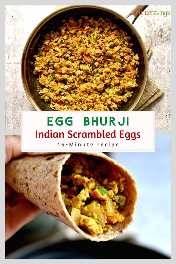 Indian scrambled eggs in skillet and wrap