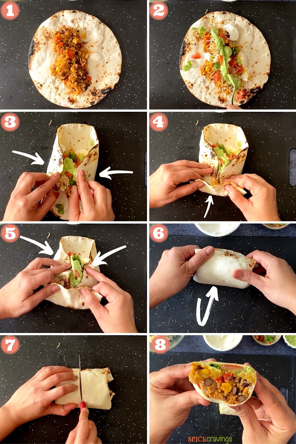 rice and beans on tortilla, Mexican toppings, two hands folding and rolling burrito, slicing burrito in half, sliced vegetarian burrito