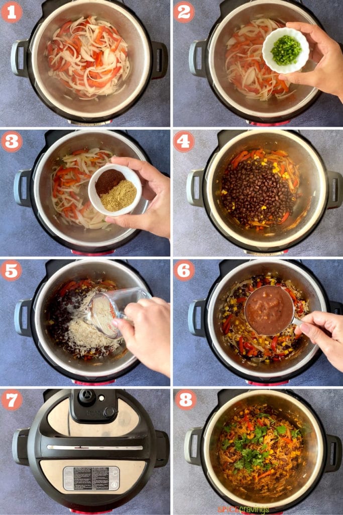 onions and peppers in instant pot, adding jalapeno and spices, black beans and rice in instant pot, salsa in measuring cup, instant pot and bean burrito filling