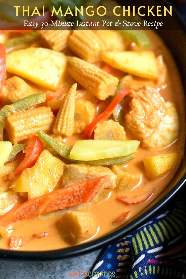 close-up of coconut chicken curry in black bowl