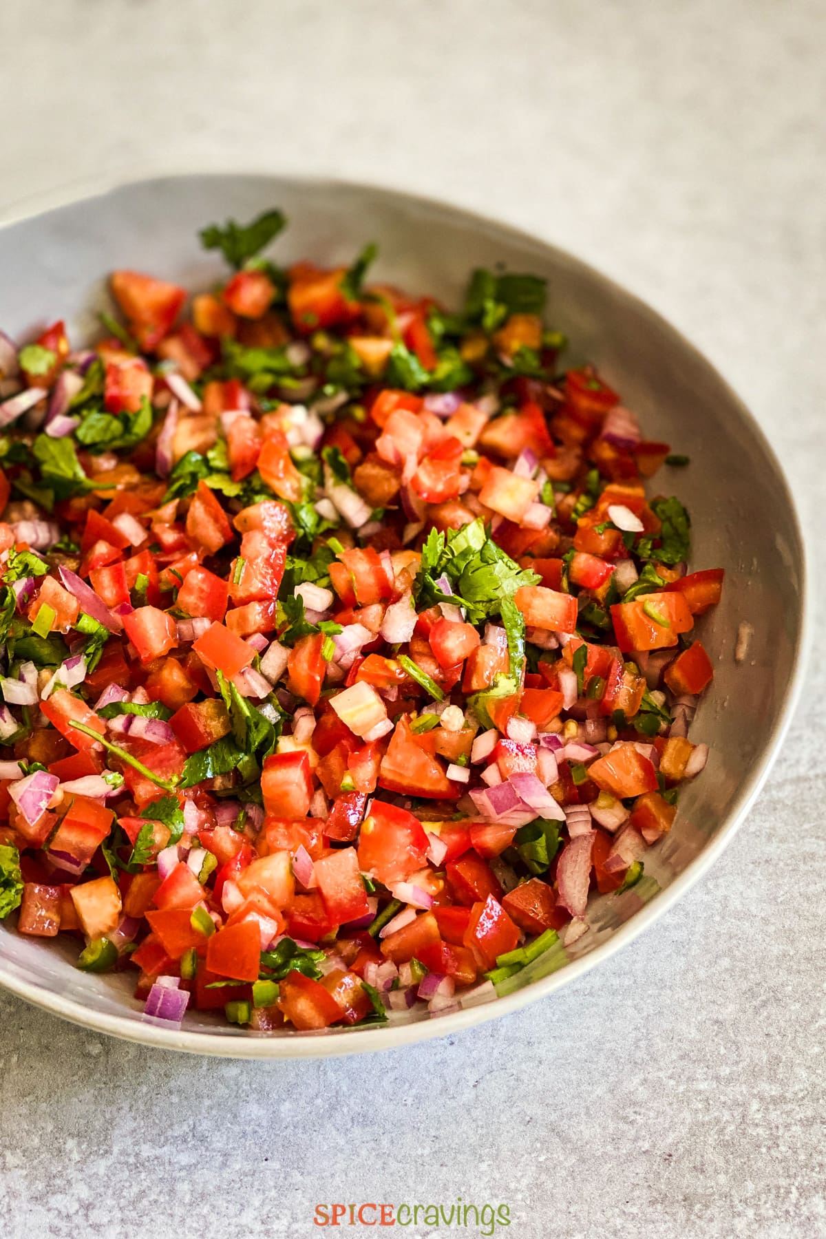 A bowl with tomato salsa with onion, cilantro and lime