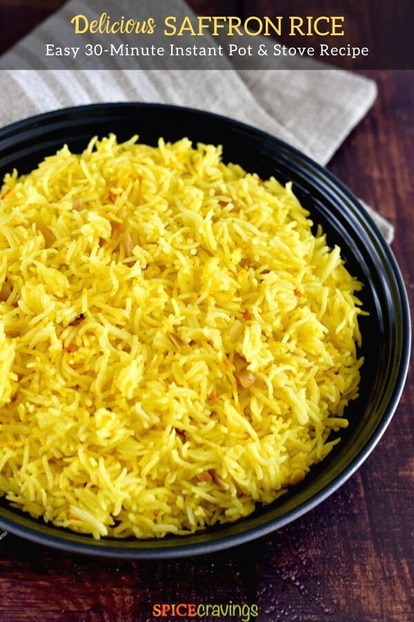 easy rice pilaf with saffron in black bowl