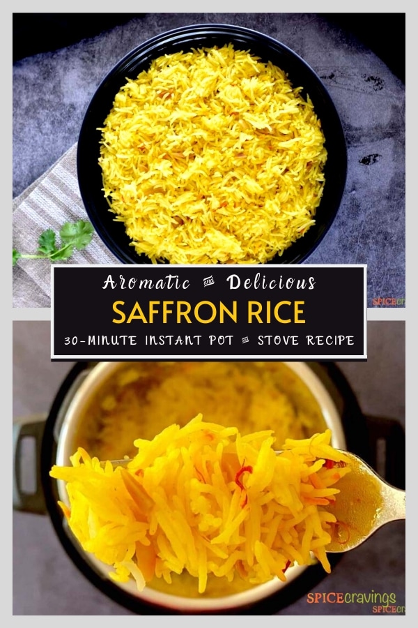 saffron rice in black bowl and forkful of saffron rice over instant pot