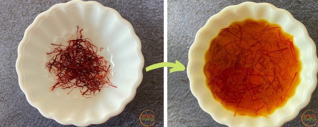 saffron threads in white bowl, soaking saffron in water in white bowl