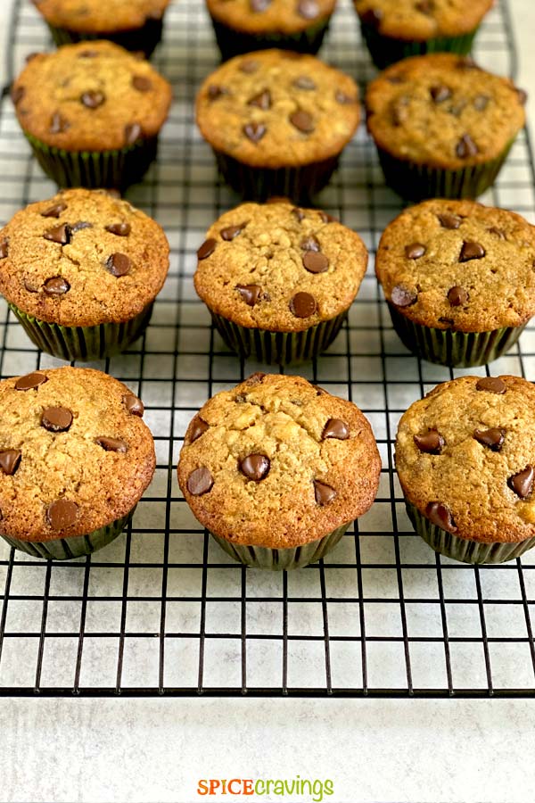 whole wheat banana bread muffins on cooling rack